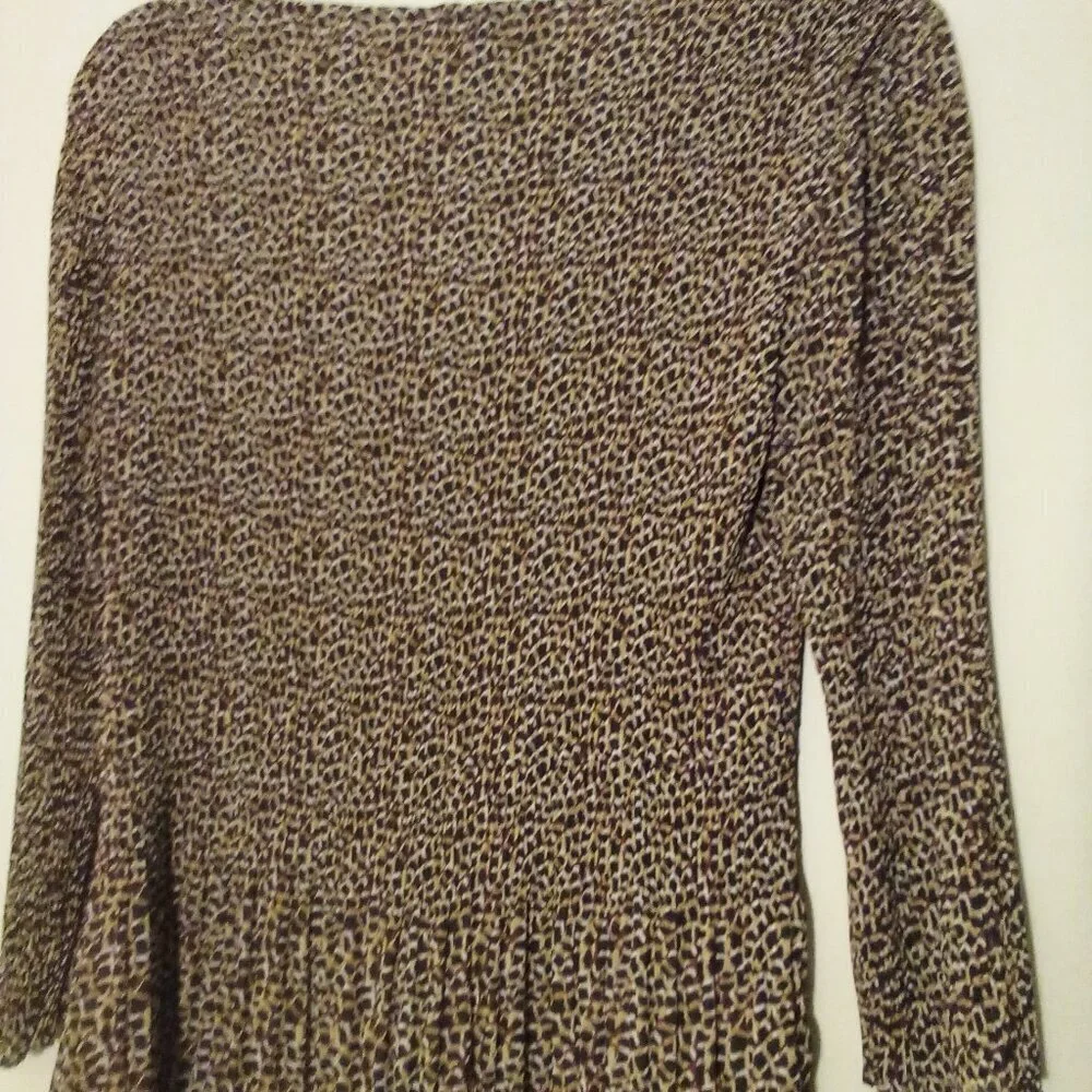 CC Blouse S 3/4 Sleeve Soft Stretch Ribbed Asymmetrical Animal Print Brown Black